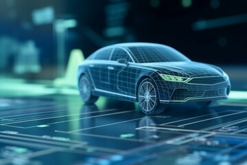 Wireframe of modern car hologram of futuristic automotive low polygonal model - obrazy, fototapety, plakaty