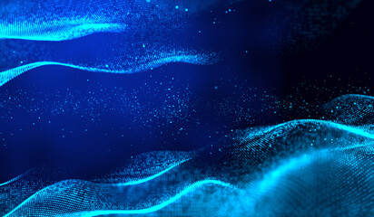 3D abstract digital technology blue light particles network wave on blue background.