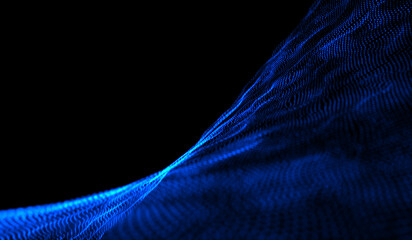 3D abstract digital technology blue light particles network wave on black background.