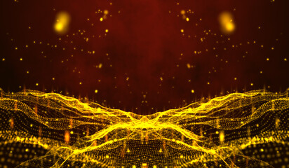 3D abstract digital technology yellow-orange particles network wave on red background.