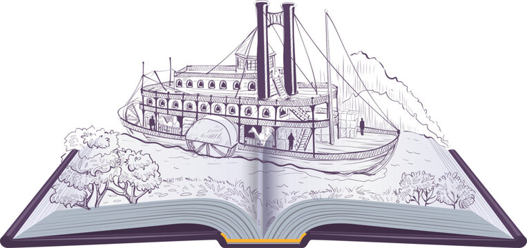 Open book illustration paddle boat sail mississippi river