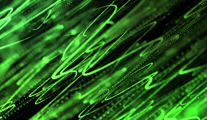 3D abstract digital technology green light particles network on black background.