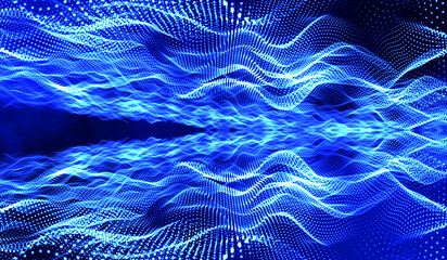 3D abstract digital technology blue light particles network wave on blue background.