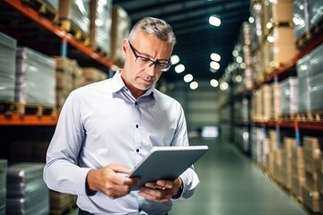 Warehouse accounting and bookkeeping. A middle-aged man stands in a warehouse with a tablet computer and checks the statements for the presence of goods. - obrazy, fototapety, plakaty