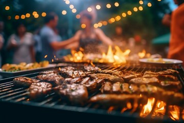 Outdoor barbeque with friends and family grilled steak and chicken with background of blurred person - obrazy, fototapety, plakaty