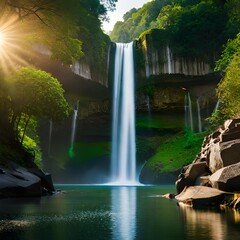 waterfalls and rocks, banyan trees and grass, sunlight, realistic details