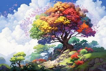 Fototapeta na wymiar illustration Vibrant garden scene with big colorful trees and lush green leaves.