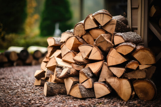 Close-up of pile of firewood near the house