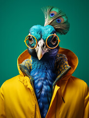 An Anthropomorphic Peacock Wearing Cool Urban Street Clothes