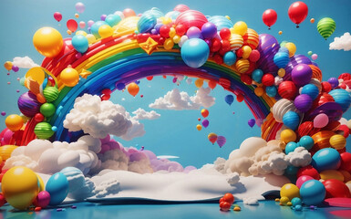 Party with balloons and rainbow, Generative AI Illustration.