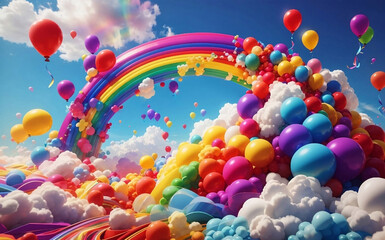 Party with balloons and rainbow, Generative AI Illustration.