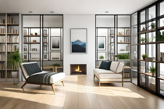 modern living room with fireplace Wall 3d Mockup render