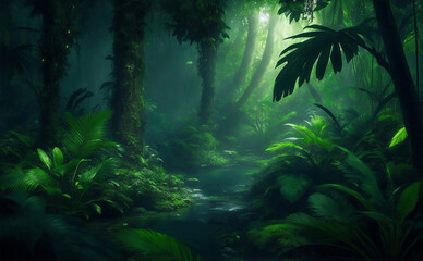 Fototapeta na wymiar Dark beautiful rain forest, Generative AI Illustration.