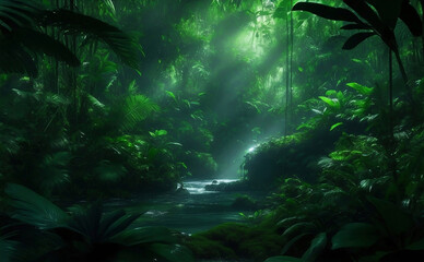 Fototapeta na wymiar Dark beautiful rain forest, Generative AI Illustration.