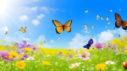 Papier Peint photo Herbe abstract Beautiful summer background with blooming wild lovanda flowers and flying butterflies in a sunny meadow