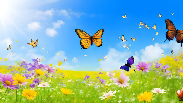 abstract Beautiful summer background with blooming wild lovanda flowers and flying butterflies in a sunny meadow