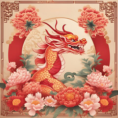 Chinese Style Decoration, holy dignified dragon with flowers, leaves, Chinese Style pattern, elegant, dignity