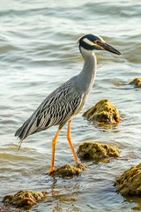 Yellow-crowned Night Heron fishing in the water at Sarasota Beach in Florida