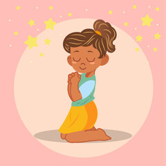 Little girl praying, cartoon, flat design, pink background, yellow stars 