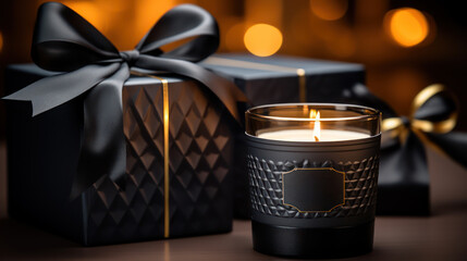 Premium aromatic candle packaging and jar mockup on glittering light effect background and decorative elements. Product for spa product, marketing advertisement poster, promo, ad banner. Generative AI