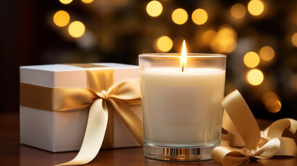 Premium aromatic candle packaging and jar mockup on glittering light effect background and decorative elements. Product for spa product, marketing advertisement poster, promo, ad banner. Generative AI