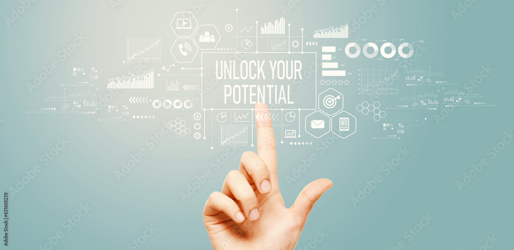 Poster unlock your potential theme with hand pressing a button on a technology screen