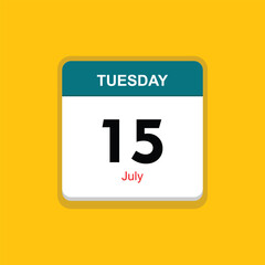 july 15 tuesday icon with yellow background, calender icon