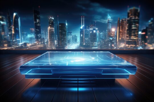 Montage wooden table with blurred futuristic technology background. Generative AI