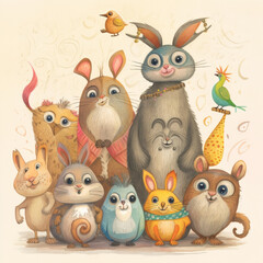 Naklejka premium Cute animals babies cartoon characters with Generative AI