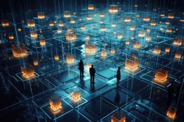 Shot of man walking Data Center, Database, Data storage, Backup, Cyber security and futuristic concept. AI Generative