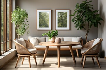 Naklejka premium The interior of the dining room is super beautiful, warm atmosphere modern furniture gives an inviting feeling adorned with plants and photo frames.