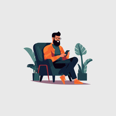 happy man sitting on sofa using cell phone