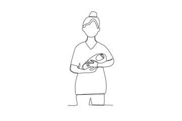 One single line drawing of a midwife holding a baby to be immunized
