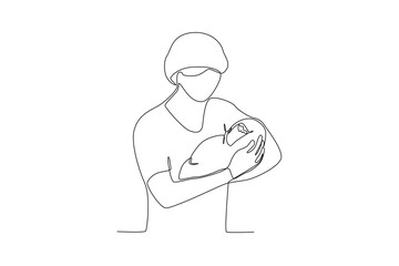 One single line drawing of a midwife holding newborn baby
