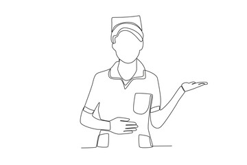 One single line drawing of a midwife who invites the patient to enter the room
