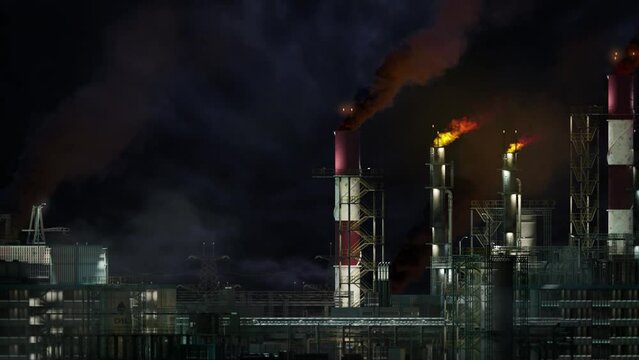 naphtha or thermal electrical power station at night - massive industrial facility, fictitious - loop video
