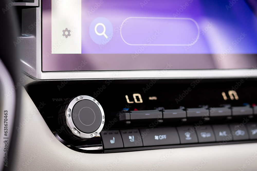Poster close up instrument automobile panel with climat control view with air conditioning buttons- details