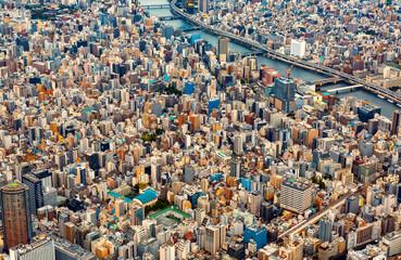 Aerial view of the Sumida River in Tokyo, Japan