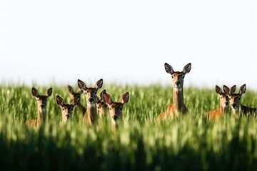 European roe deer herd in the green field. - obrazy, fototapety, plakaty