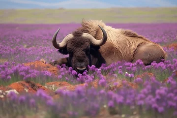 Deurstickers Buffel Powerful buffalo leader resting in blooming spring