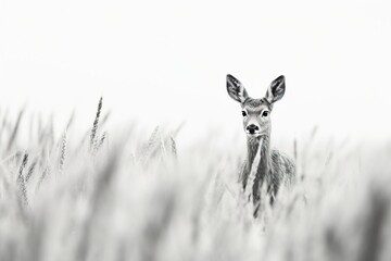 Roe deer female walking in steppe closeup in black white