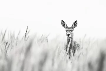 Fototapeten Roe deer female walking in steppe closeup in black white © Jodie