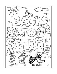 "Back to School!" greeting coloring page, poster, sign or banner black and white activity sheet 
