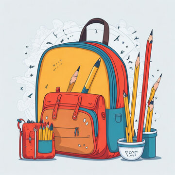Pencils cartoon with school bags, vector, illustration, white, background