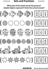 Fototapeta premium Sets and fractions math puzzle or worksheet to learn, practice and reinforce fractions represented by subsets. Answer included.