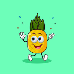 Cute pineapple fruit character walking cheerfully with raised hands