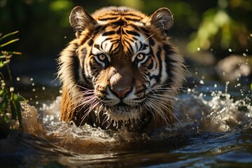 Fototapeta na wymiar Angry siberian tiger runs on water in forest.