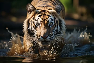 Fototapeten Angry siberian tiger runs on water in forest. © vachom