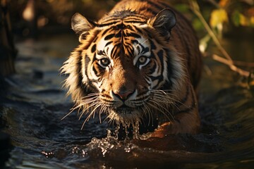 Angry siberian tiger runs on water in forest.