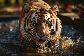 Angry siberian tiger runs on water in forest.